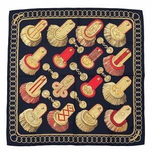 Hermes Epaulettes Silk Scarf in Black with Gold and Red Decorations